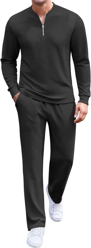 COOFANDY Men's 2 Piece Tracksuit Set Polo Athletic Sweatsuit Quarter Zip Jogging Long Sleeve Casual Sports Outfits