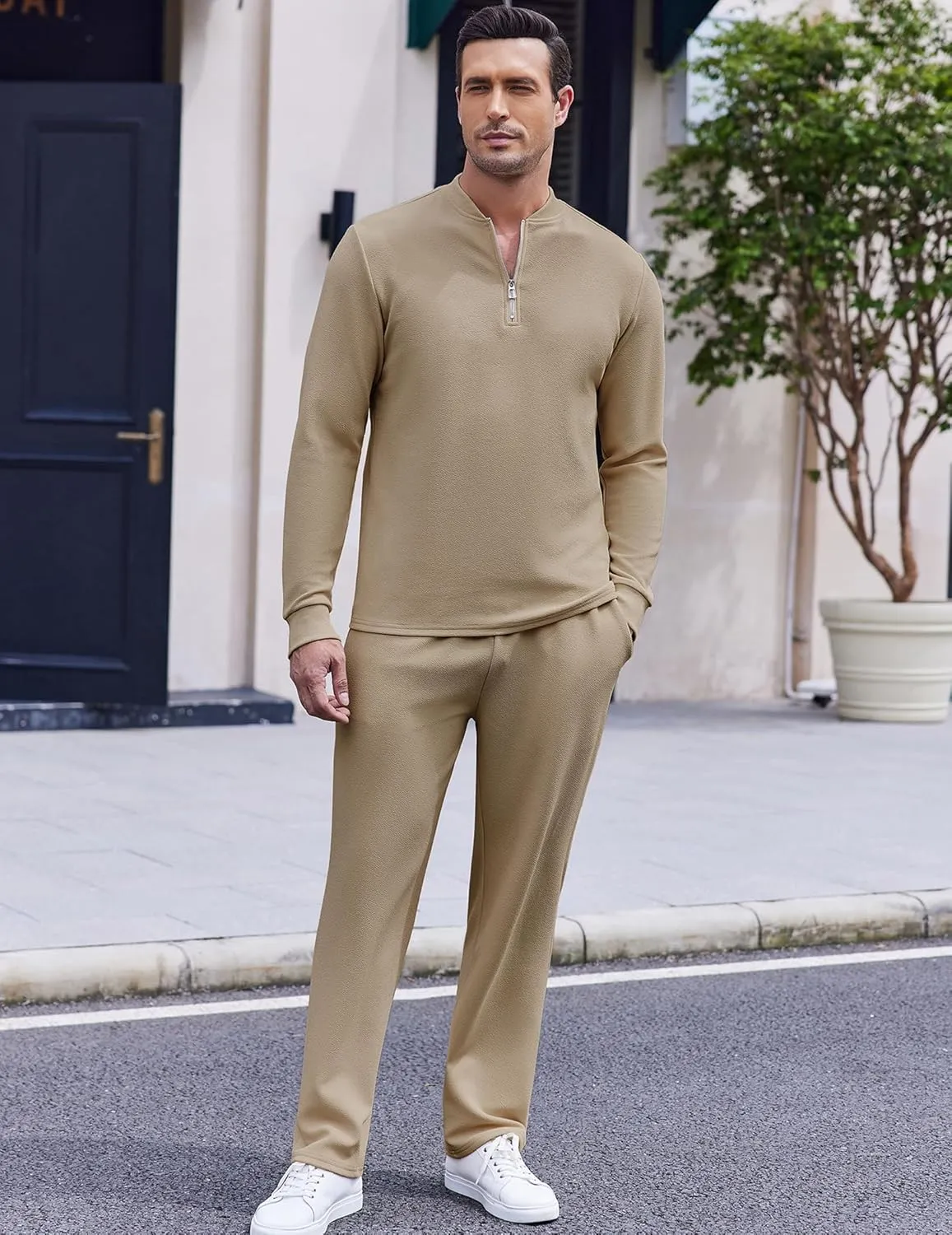 COOFANDY Men's 2 Piece Tracksuit Set Polo Athletic Sweatsuit Quarter Zip Jogging Long Sleeve Casual Sports Outfits