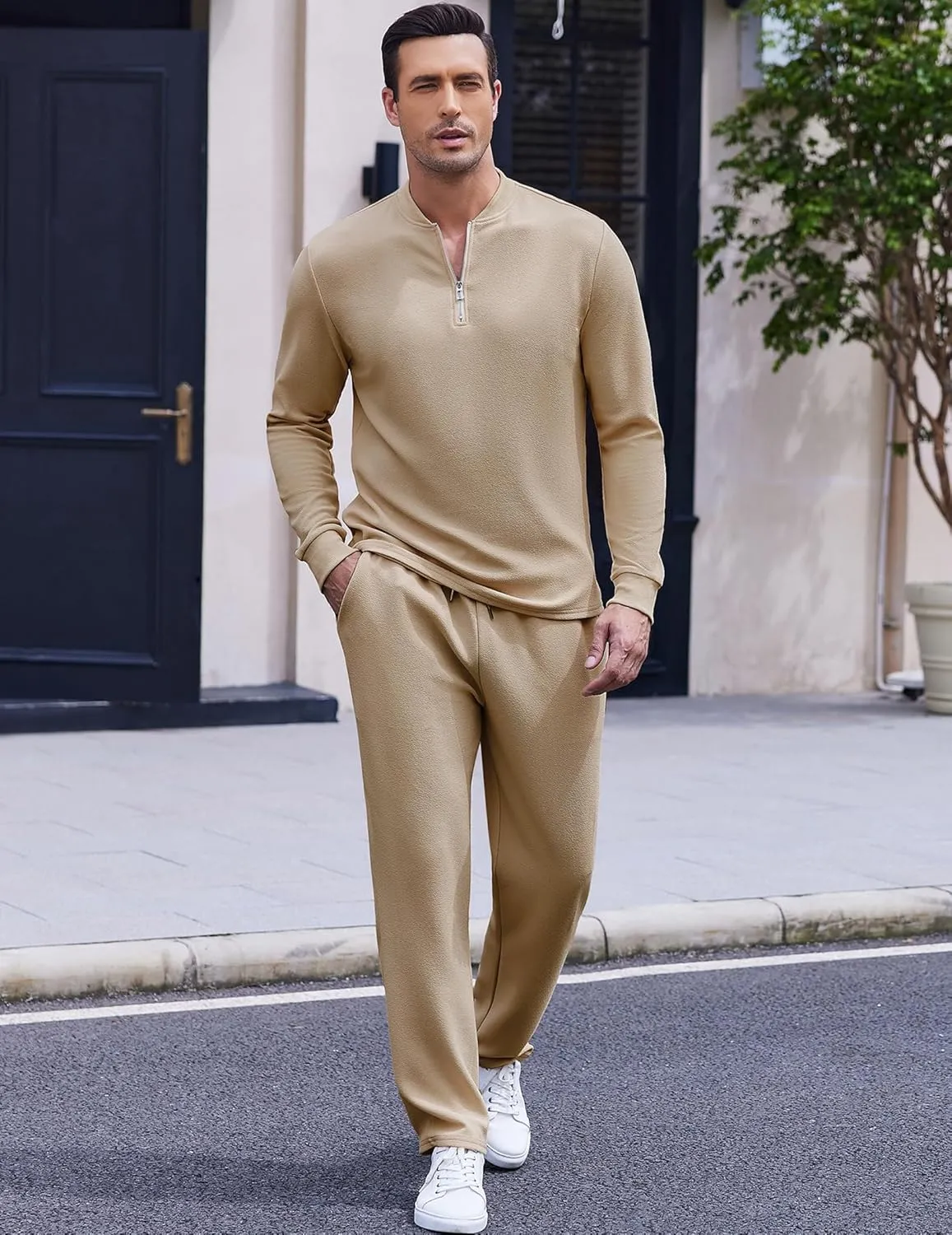 COOFANDY Men's 2 Piece Tracksuit Set Polo Athletic Sweatsuit Quarter Zip Jogging Long Sleeve Casual Sports Outfits