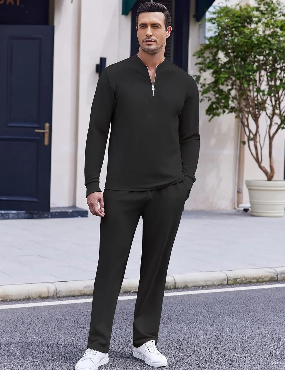 COOFANDY Men's 2 Piece Tracksuit Set Polo Athletic Sweatsuit Quarter Zip Jogging Long Sleeve Casual Sports Outfits