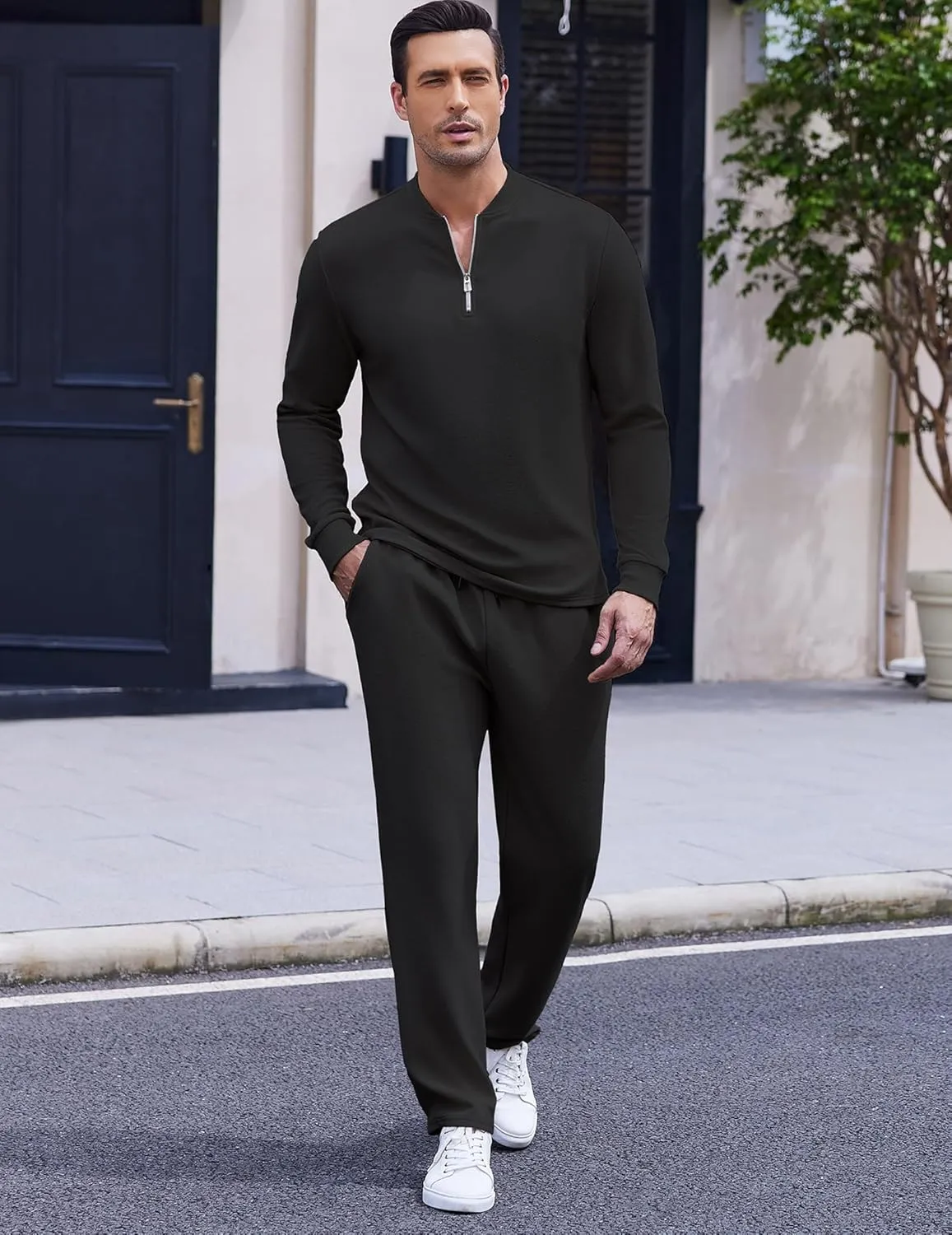 COOFANDY Men's 2 Piece Tracksuit Set Polo Athletic Sweatsuit Quarter Zip Jogging Long Sleeve Casual Sports Outfits