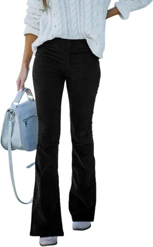 Corduroy Pants for Women Vintage Flare Pants High Waist Bell Bottom Trousers Slim Fit Pants with Pockets