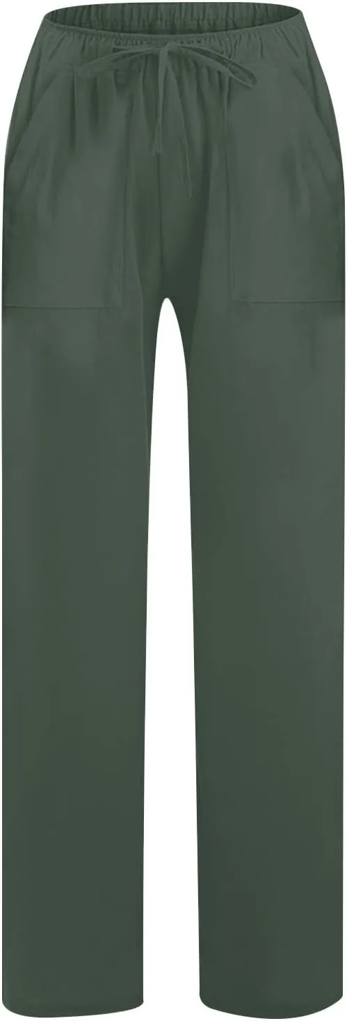 Cotton Linen Pants Women 2025 Summer Wide Leg Casual Loose Trousers Drawstring High Waist Palazzo Pants with Pockets