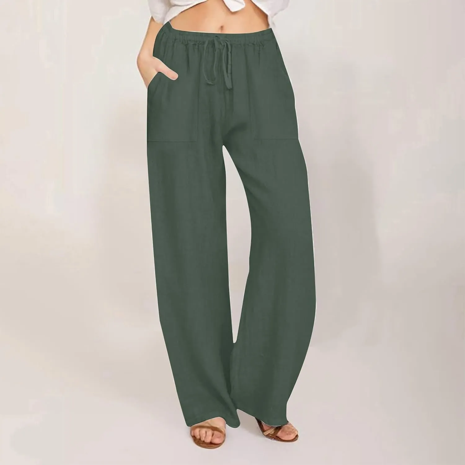 Cotton Linen Pants Women 2025 Summer Wide Leg Casual Loose Trousers Drawstring High Waist Palazzo Pants with Pockets