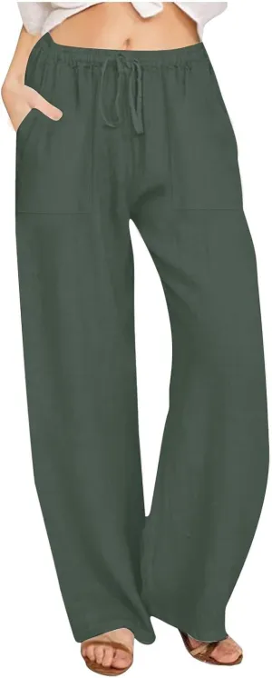 Cotton Linen Pants Women 2025 Summer Wide Leg Casual Loose Trousers Drawstring High Waist Palazzo Pants with Pockets