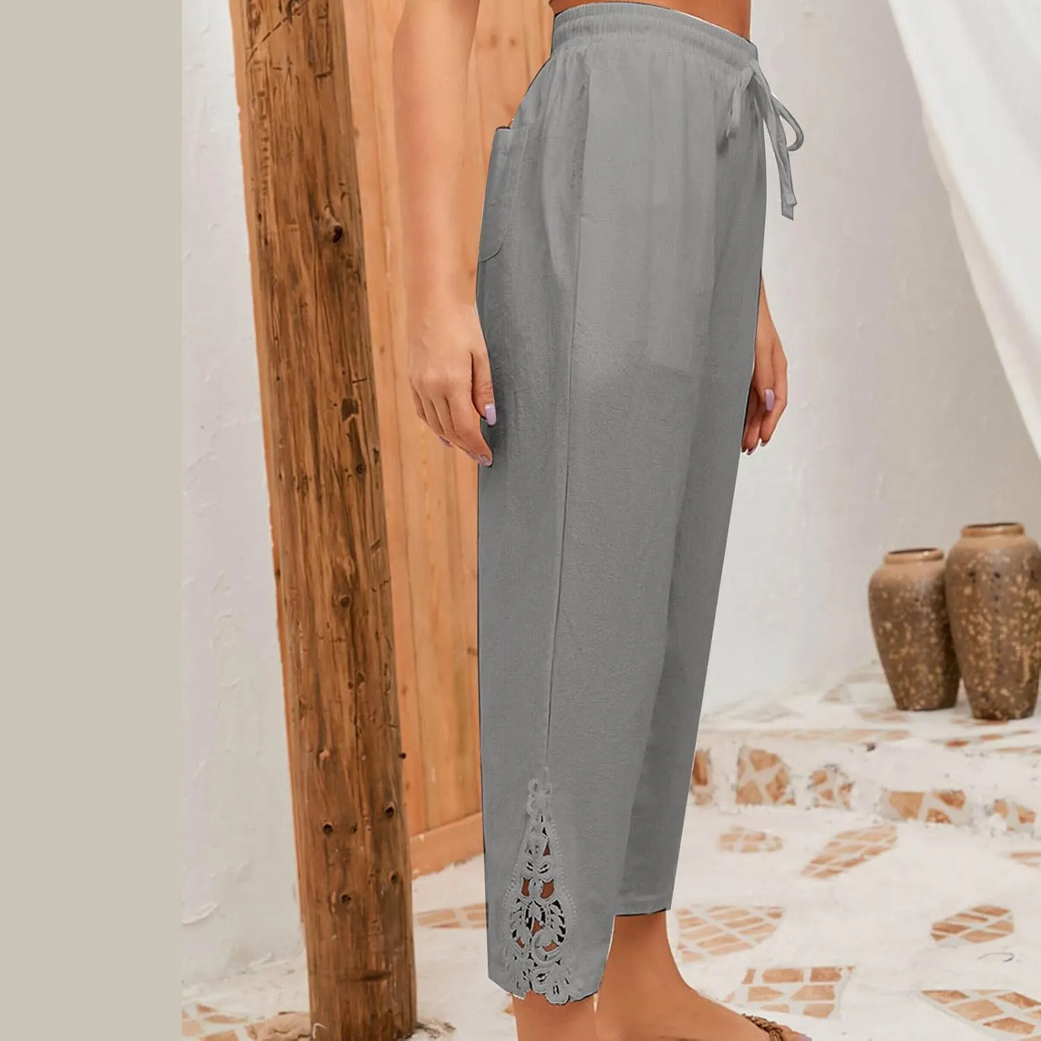 Cotton Linen Pants Women Summer Casual Loose Elastic High Waist Beach Trousers with Pockets Lace Buttom Capri Pants