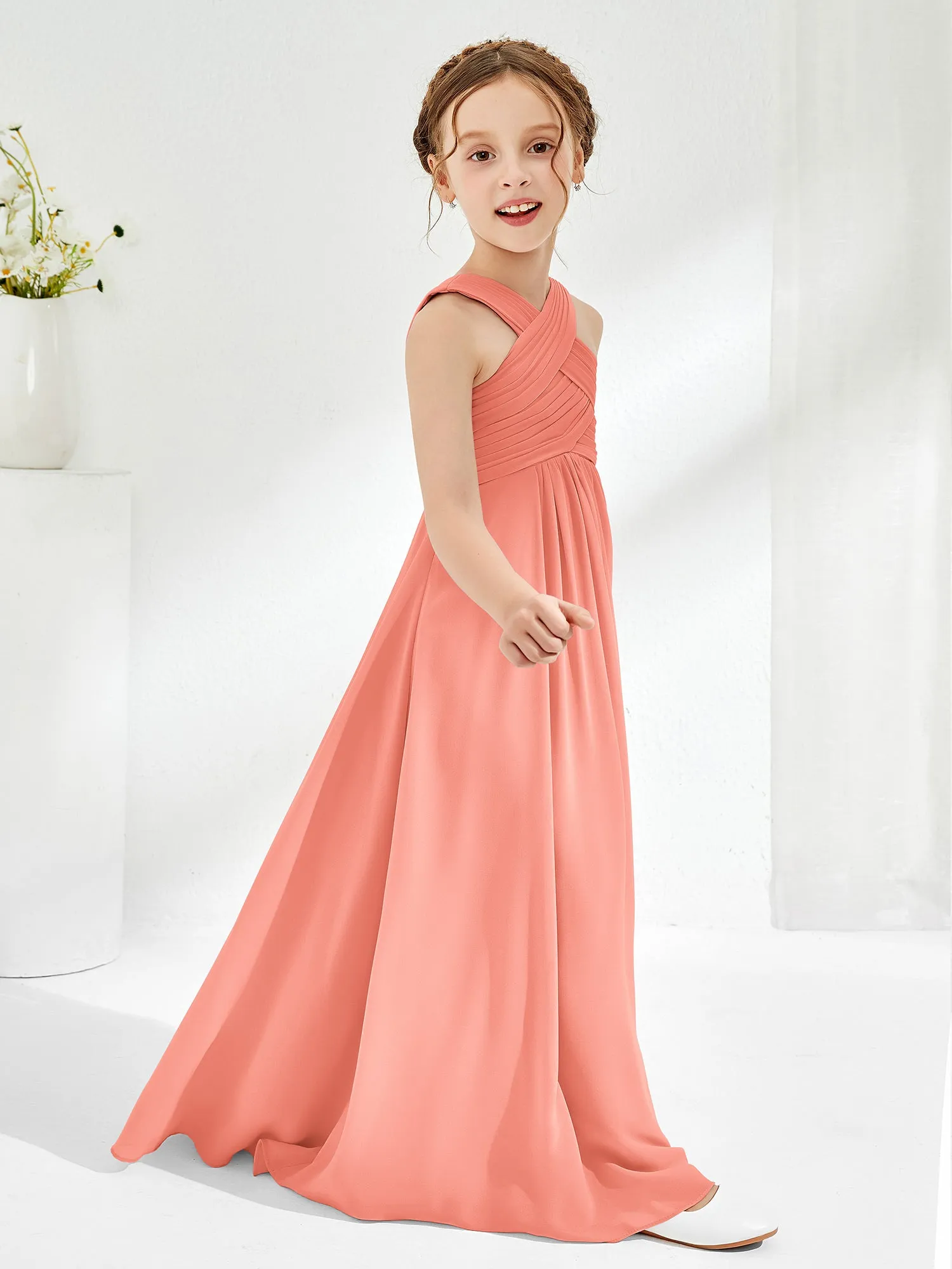 Cross Shoulder Strap Junior Bridesmaid Dresses with Empire Waist Sunset