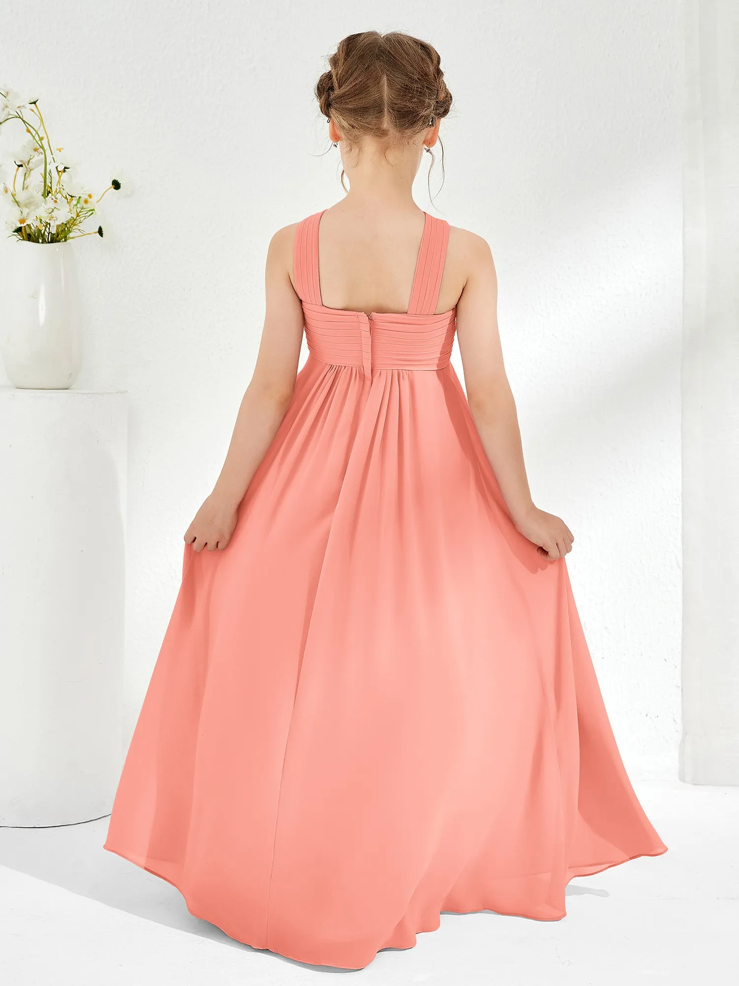 Cross Shoulder Strap Junior Bridesmaid Dresses with Empire Waist Sunset