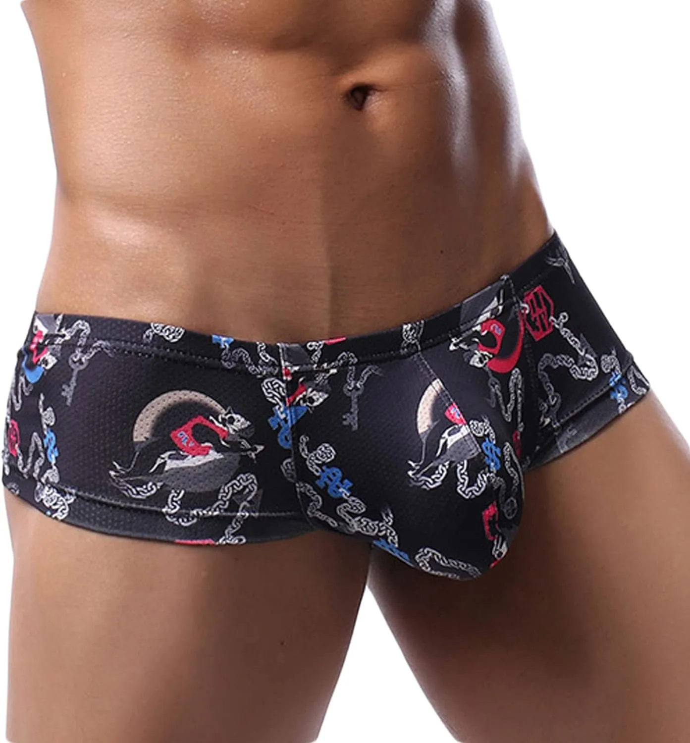 Ctreela Sexy Printed Short Legs Boxer Briefs for Men, Low Rise Big Pouch Underwear, Mesh Breathable Undies Trunks