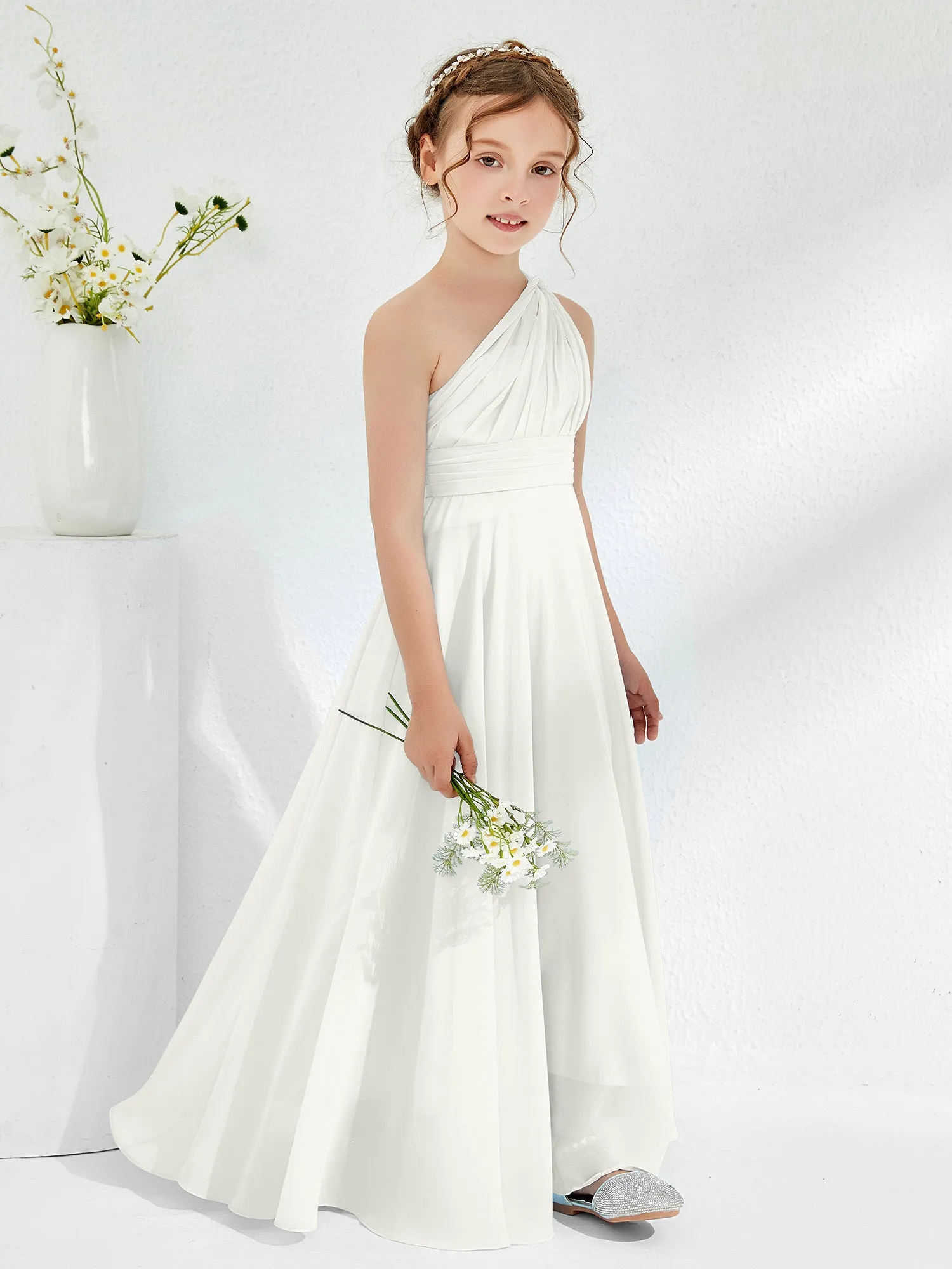 Cute One Shoulder  A-line Junior Bridesmaid Dresses Ivory