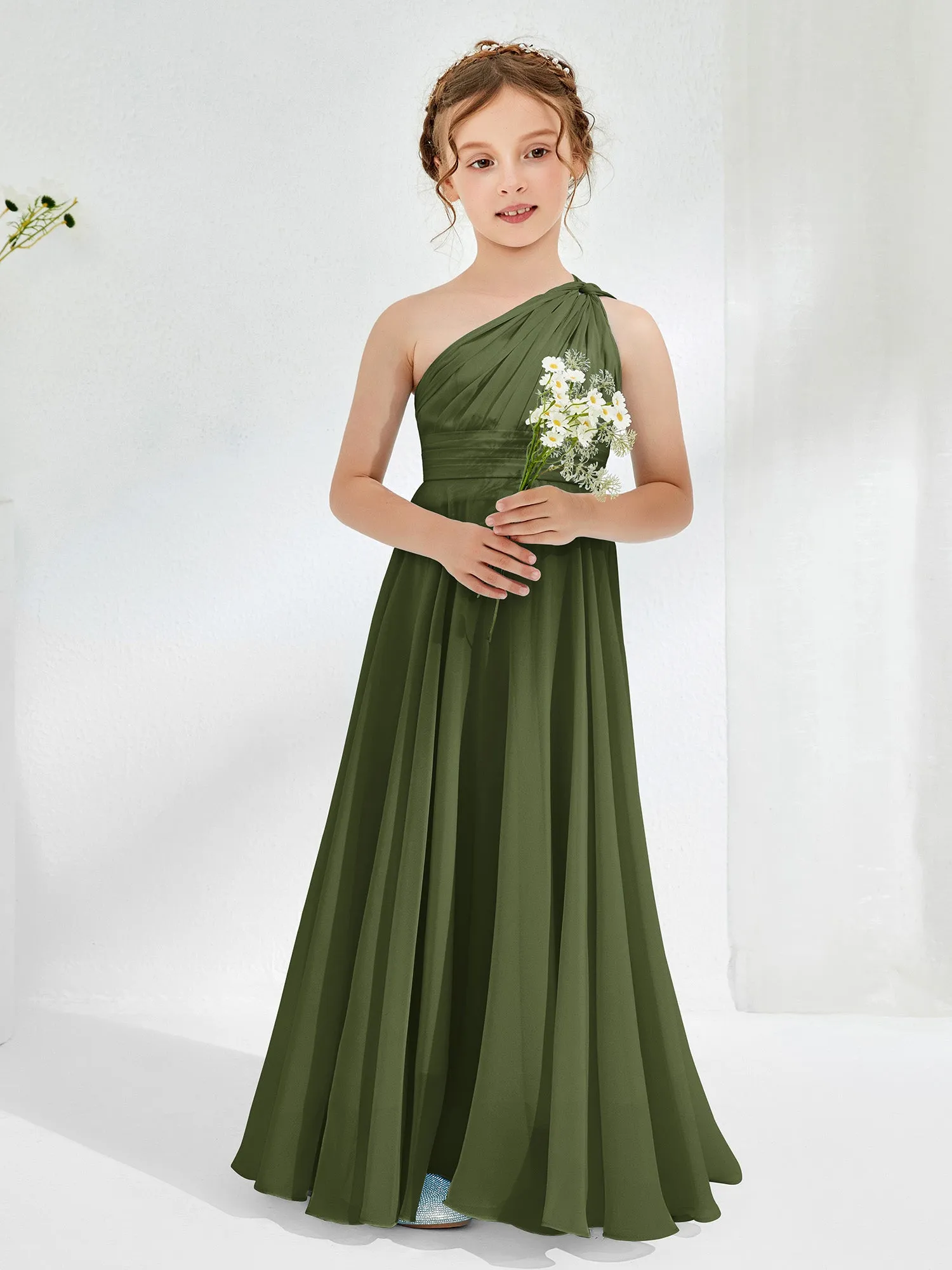Cute One Shoulder  A-line Junior Bridesmaid Dresses Olive Green