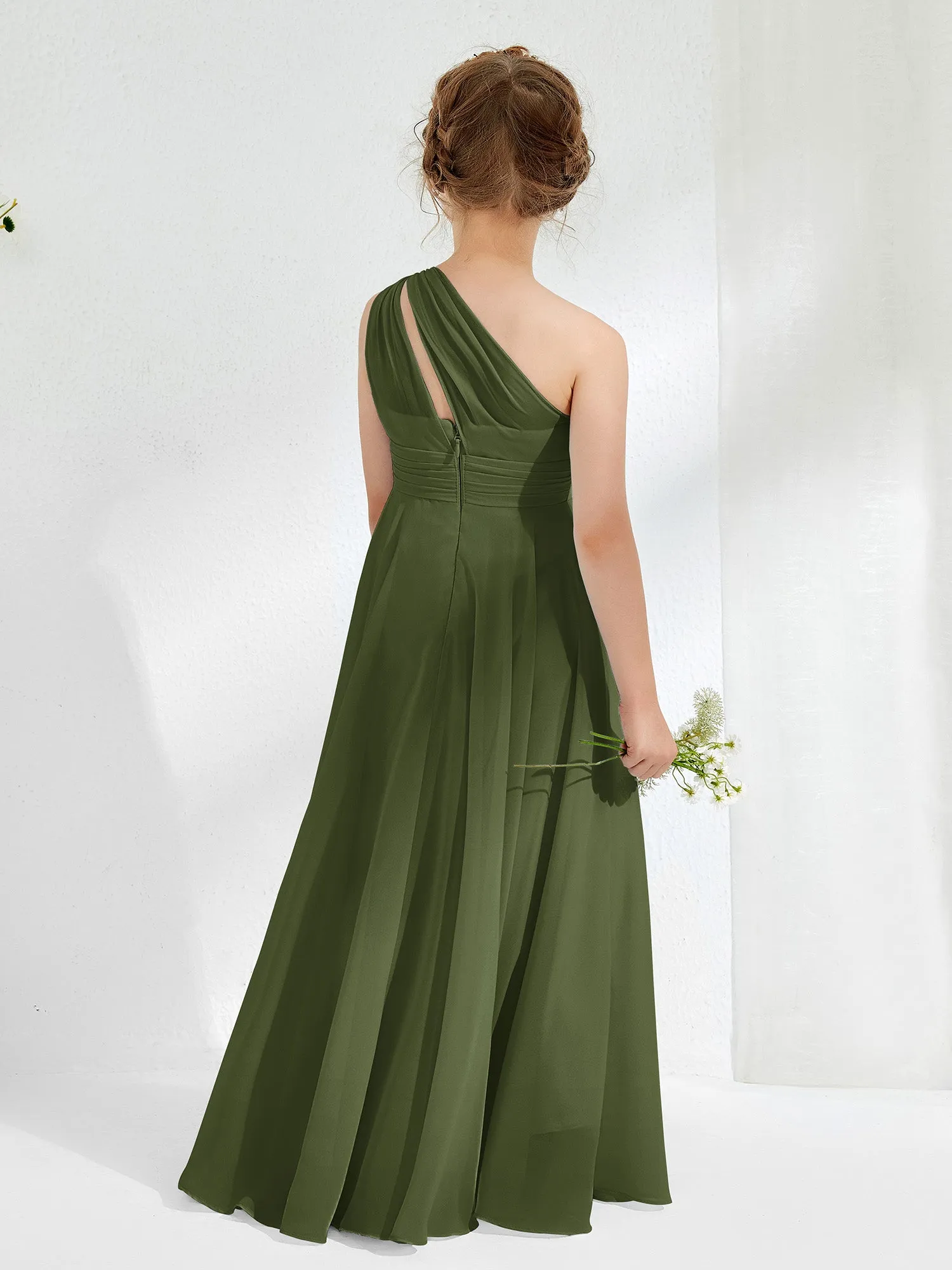 Cute One Shoulder  A-line Junior Bridesmaid Dresses Olive Green