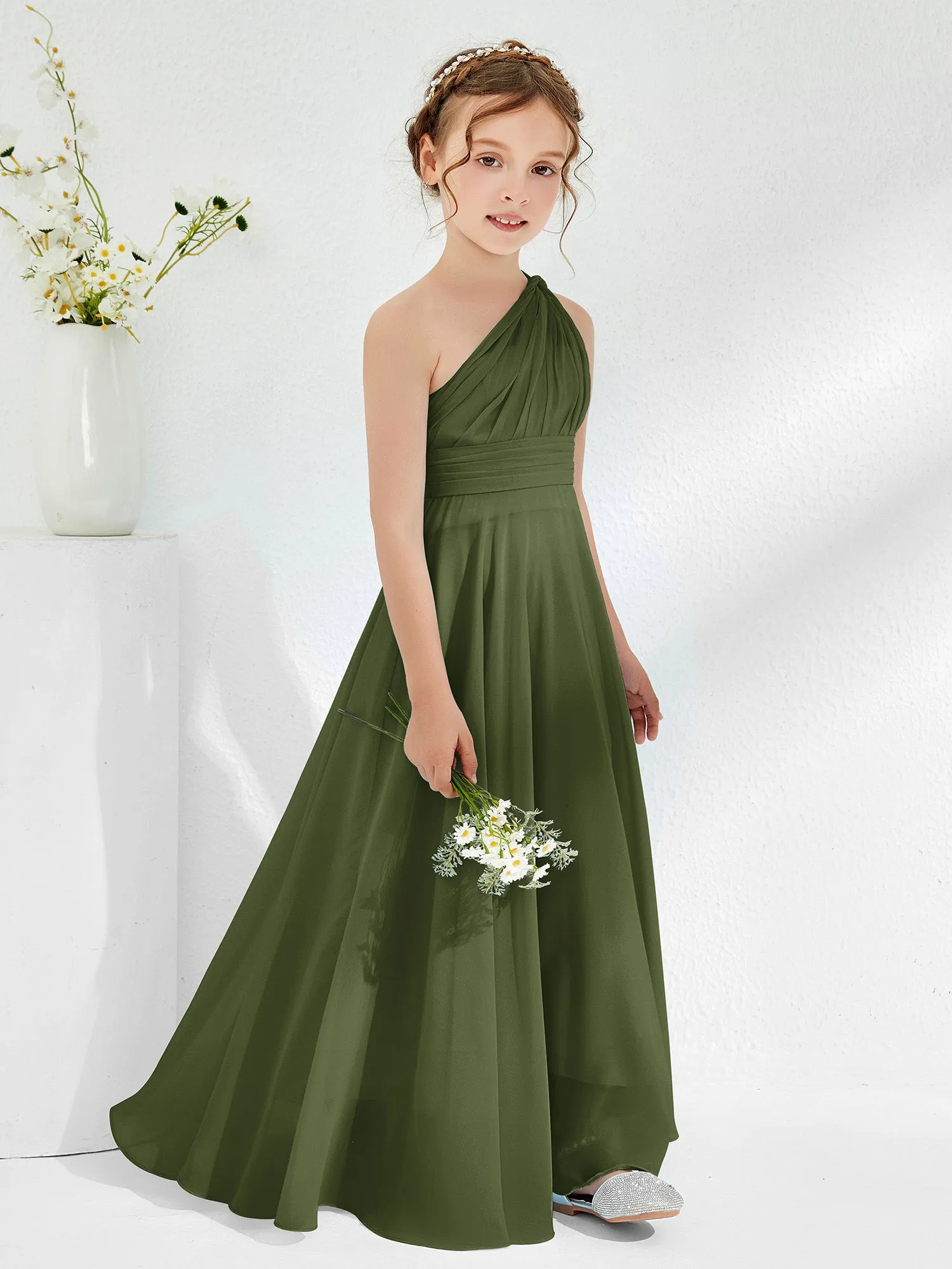 Cute One Shoulder  A-line Junior Bridesmaid Dresses Olive Green