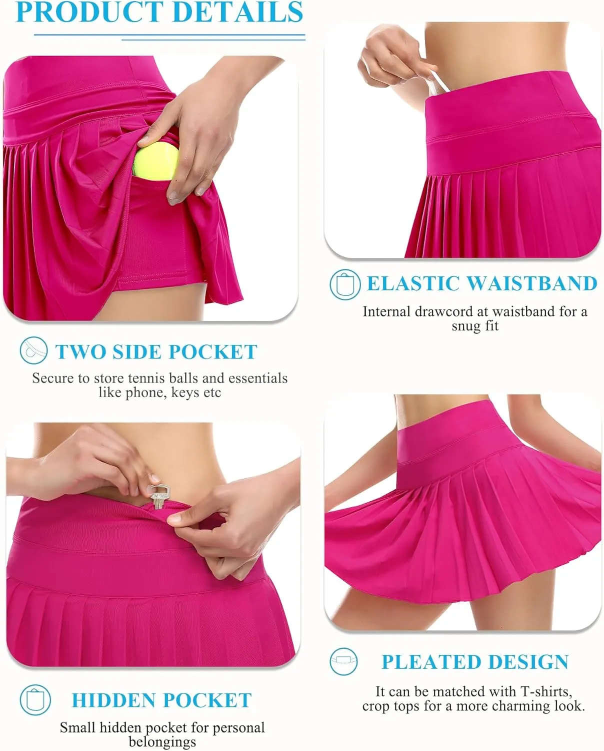 DERCA Pleated Tennis Skirt for Women with Pockets Shorts Athletic Golf Skirts Workout Sports Activewear Skort