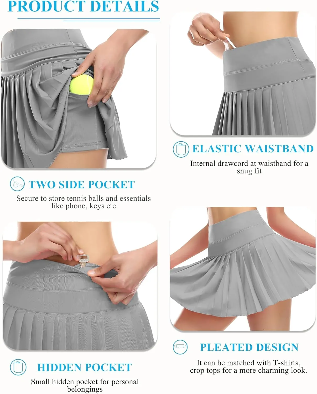 DERCA Pleated Tennis Skirt for Women with Pockets Shorts Athletic Golf Skirts Workout Sports Activewear Skort