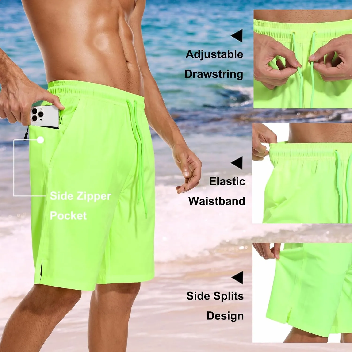 difficort Mens Swim Trunks Quick Dry Bathing Suit 9 inch Inseam Board Shorts with Compression Liner and Zipper Pocket