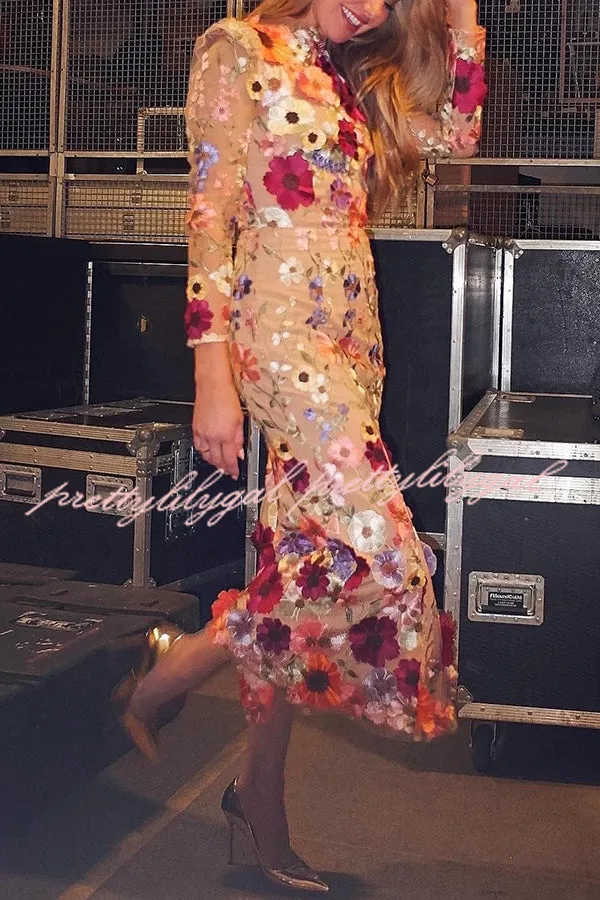 Dignified and Refined Charm Embroidered Floral Applique Long Sleeve Fish Tail Midi Dress