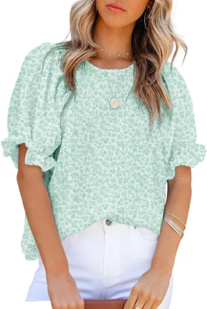 Dokotoo Floral Print Blouses for Women Crewneck Smocked Puff Sleeve Shirts Casual Babydoll Tops