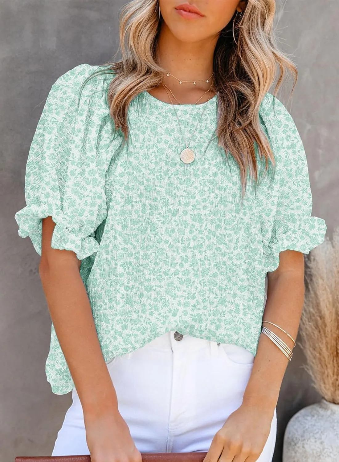 Dokotoo Floral Print Blouses for Women Crewneck Smocked Puff Sleeve Shirts Casual Babydoll Tops