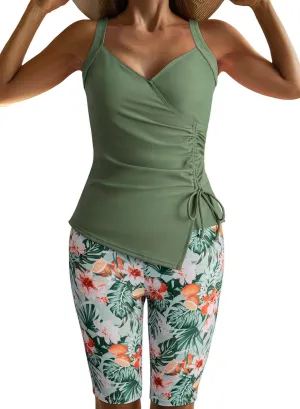 Dokotoo Women Swimsuits 2025 Pleated Tankini Sets Floral Wrapped V Neck Swim Tops Removable Pads Bathing Suits