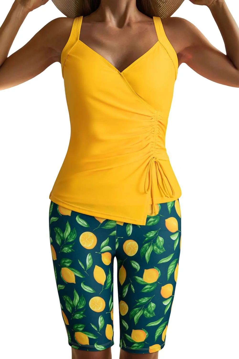 Dokotoo Women Swimsuits 2025 Pleated Tankini Sets Floral Wrapped V Neck Swim Tops Removable Pads Bathing Suits
