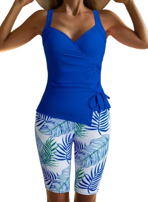 Dokotoo Women Swimsuits 2025 Pleated Tankini Sets Floral Wrapped V Neck Swim Tops Removable Pads Bathing Suits