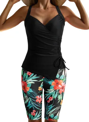 Dokotoo Women Swimsuits 2025 Pleated Tankini Sets Floral Wrapped V Neck Swim Tops Removable Pads Bathing Suits