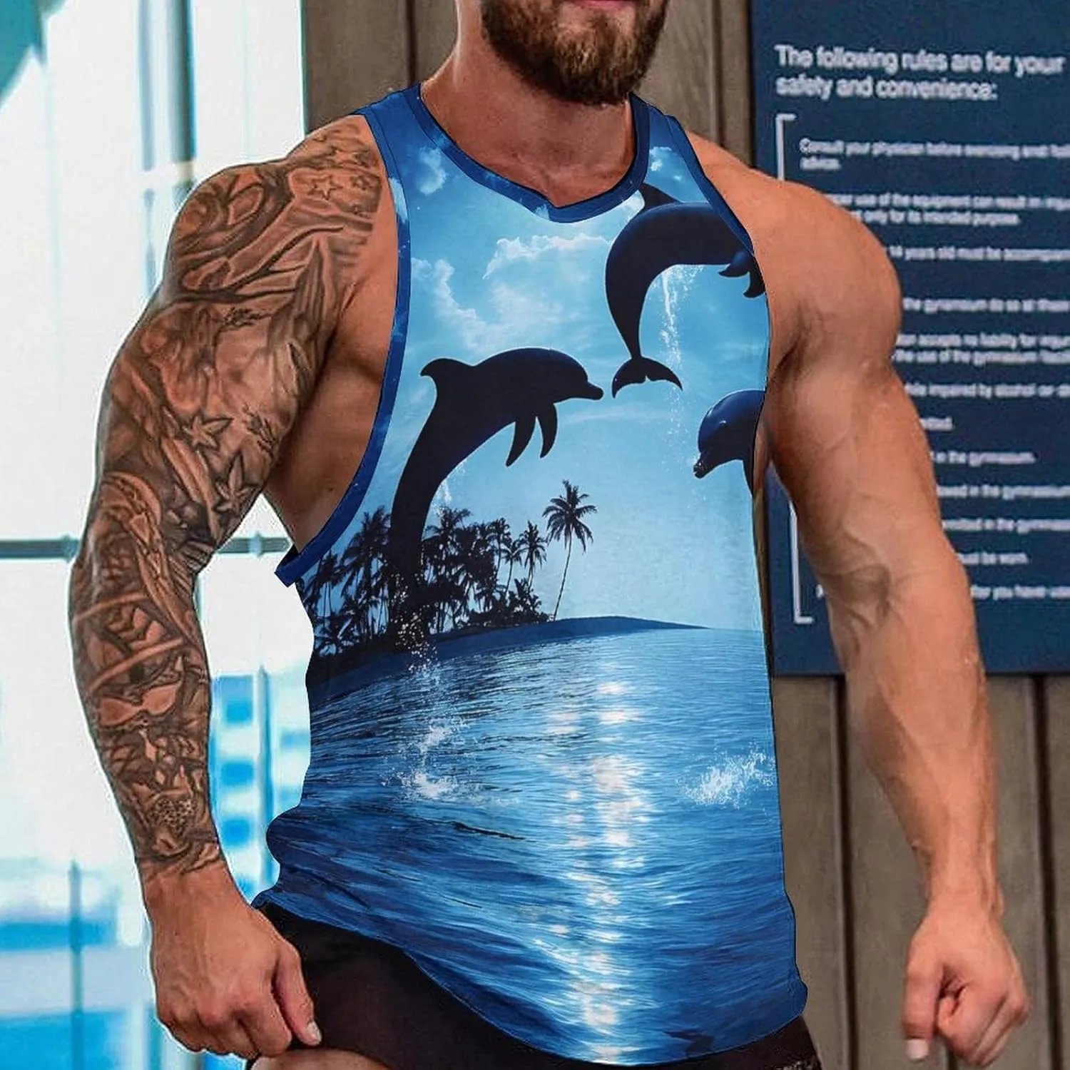Dolphins Jumping Moon Night Men's Activewear Tank Tops Gym Sleeveless Muscle T Shirts Workout Tees Vest