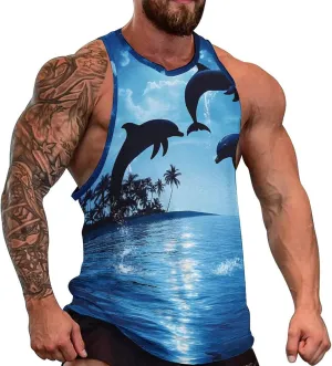 Dolphins Jumping Moon Night Men's Activewear Tank Tops Gym Sleeveless Muscle T Shirts Workout Tees Vest