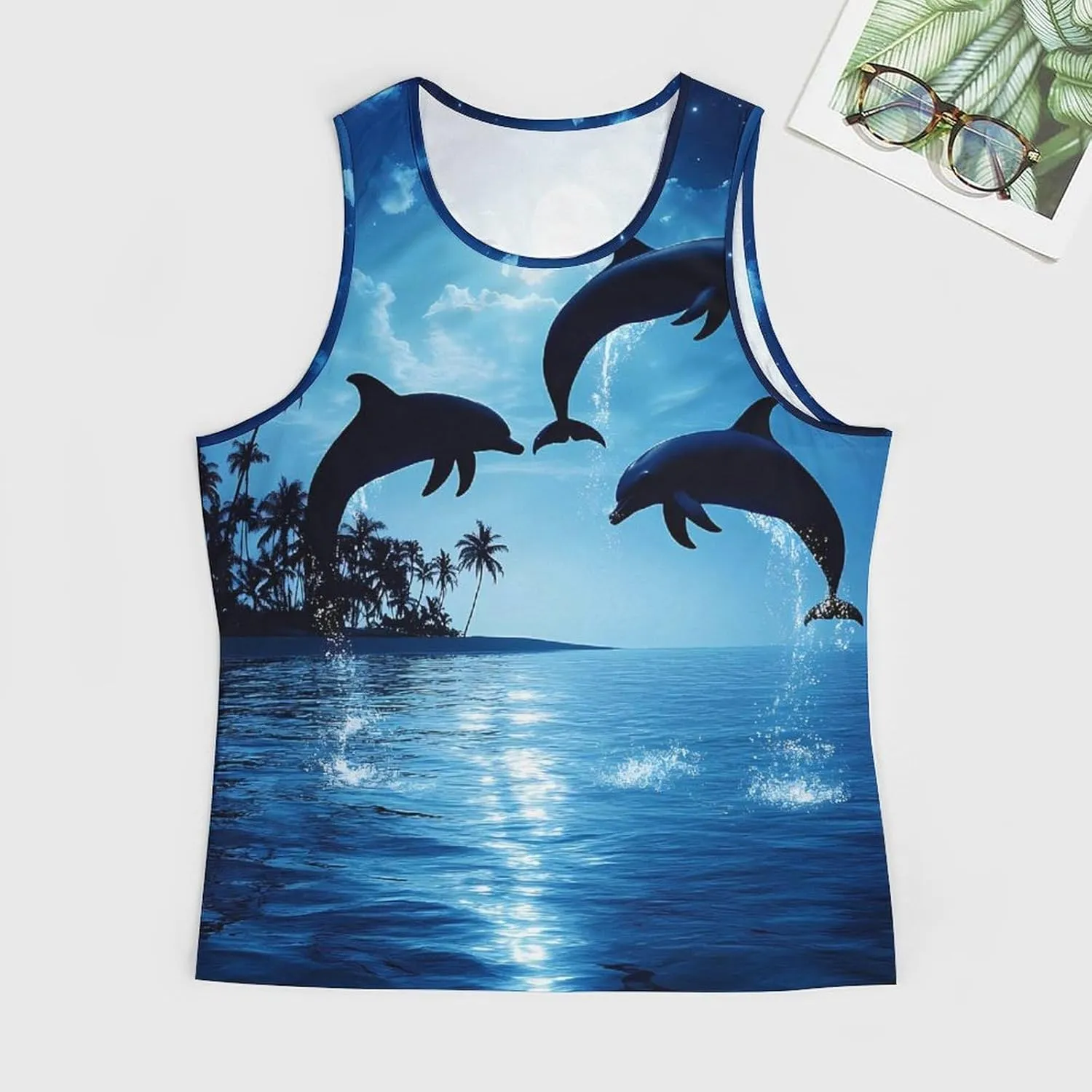 Dolphins Jumping Moon Night Men's Activewear Tank Tops Gym Sleeveless Muscle T Shirts Workout Tees Vest