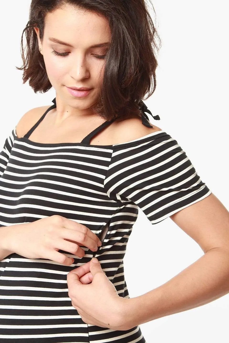 Drop Sleeves Candra Black Stripe Nursing Dress