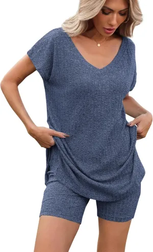Ekouaer Womens 2 Piece Sets Summer Biker Shorts Set Outfits Knit Loungewear V Neck Workout Sets Tracksuit S-XXL