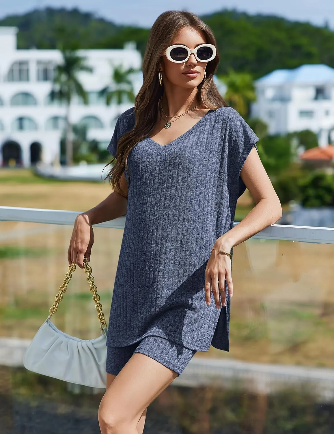 Ekouaer Womens 2 Piece Sets Summer Biker Shorts Set Outfits Knit Loungewear V Neck Workout Sets Tracksuit S-XXL