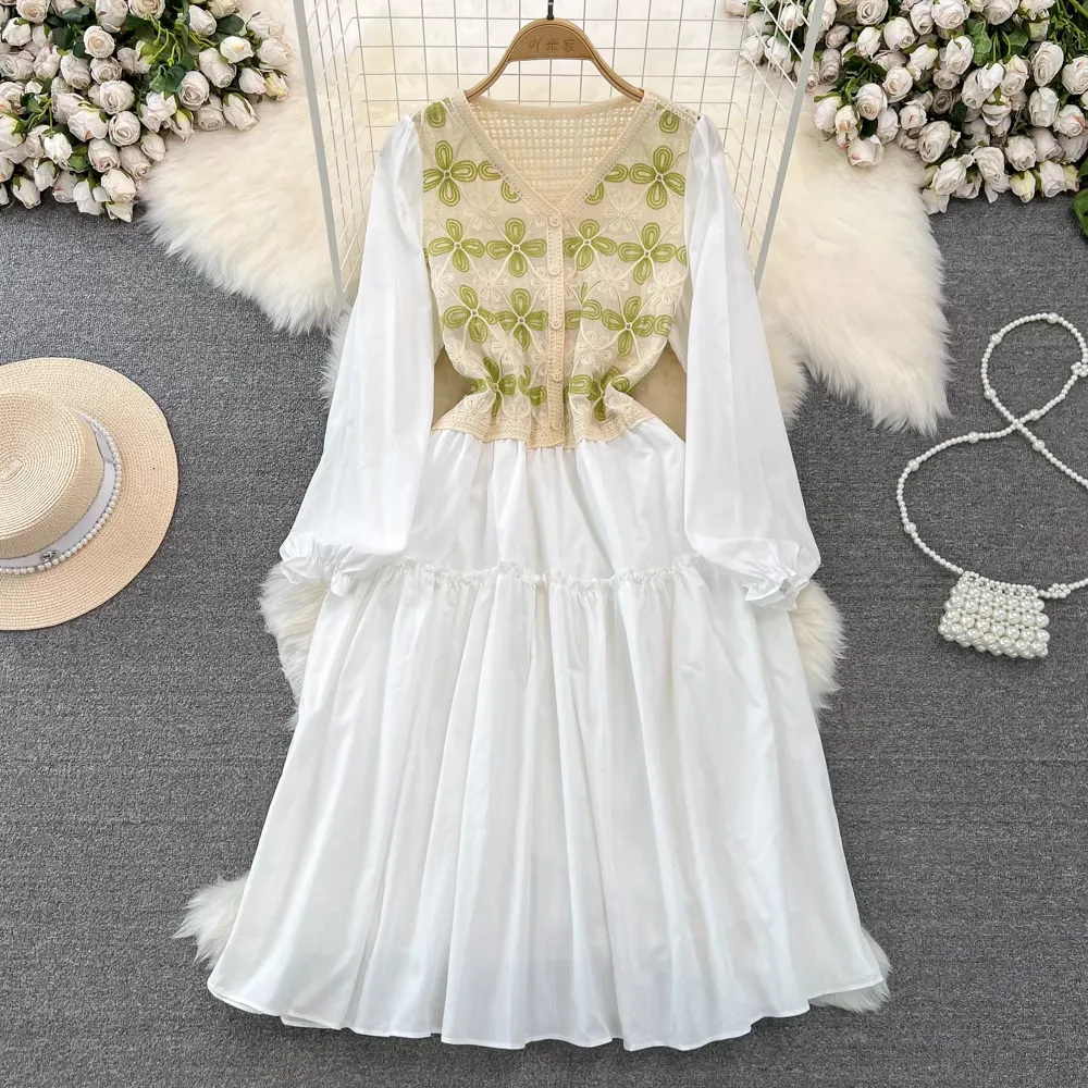 Fairy Sweet Bubble Long Sleeved V Neck Knitted Mid Length A Line Dress 1354