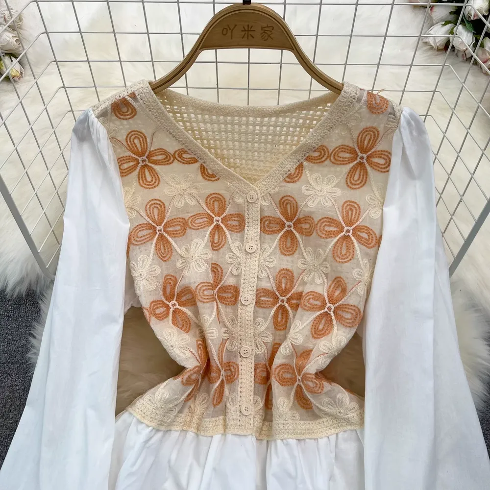 Fairy Sweet Bubble Long Sleeved V Neck Knitted Mid Length A Line Dress 1354