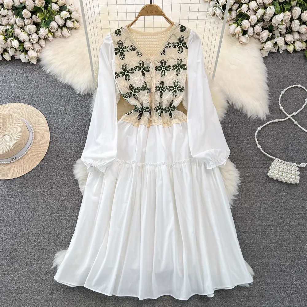 Fairy Sweet Bubble Long Sleeved V Neck Knitted Mid Length A Line Dress 1354