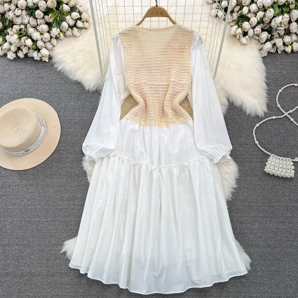 Fairy Sweet Bubble Long Sleeved V Neck Knitted Mid Length A Line Dress 1354