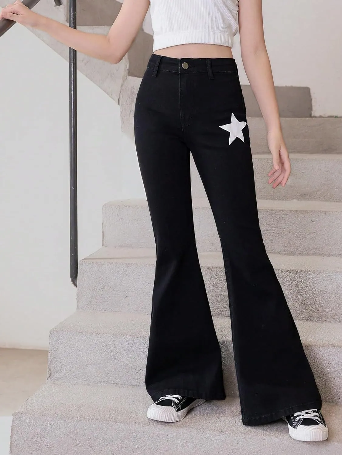 Floerns Girls Casual Denim Pants High Waist Flare Leg Jeans with Pocket