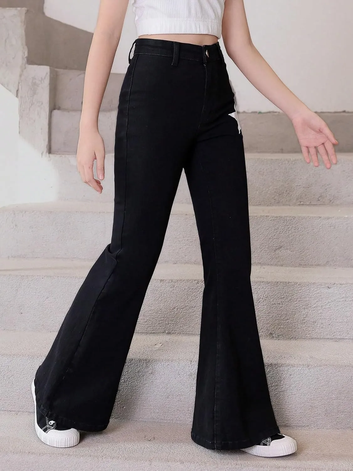 Floerns Girls Casual Denim Pants High Waist Flare Leg Jeans with Pocket