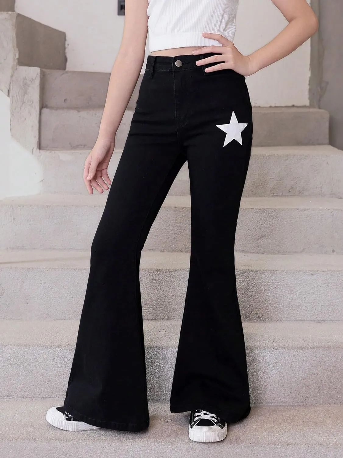Floerns Girls Casual Denim Pants High Waist Flare Leg Jeans with Pocket