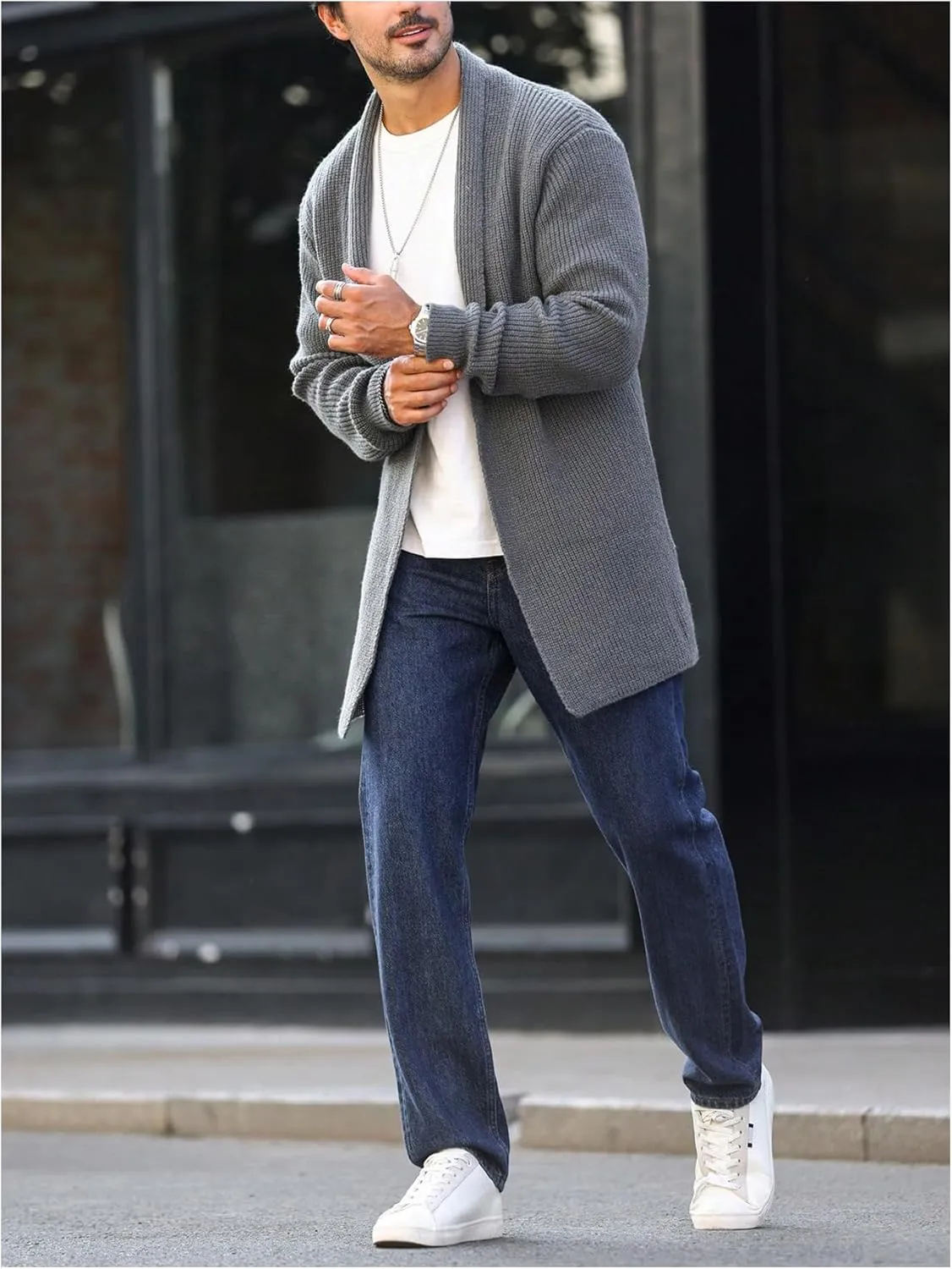 Floerns Men's Long Sleeve Knitwear Outdoor Shawl Collar Open Front Cardigan Sweater