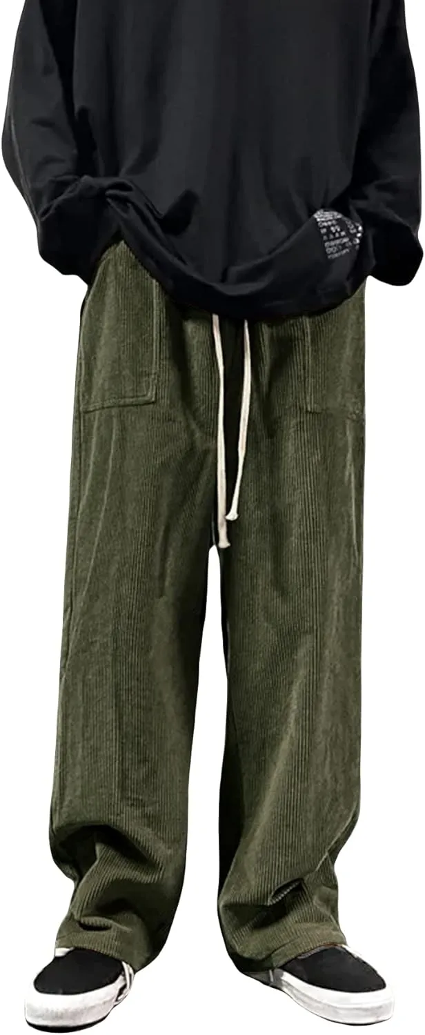 Floerns Men's Loose Fit Corduroy Elastic Waist Slant Pocket Straight Leg Pants