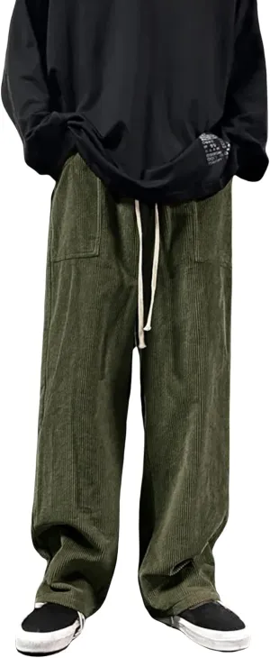 Floerns Men's Loose Fit Corduroy Elastic Waist Slant Pocket Straight Leg Pants
