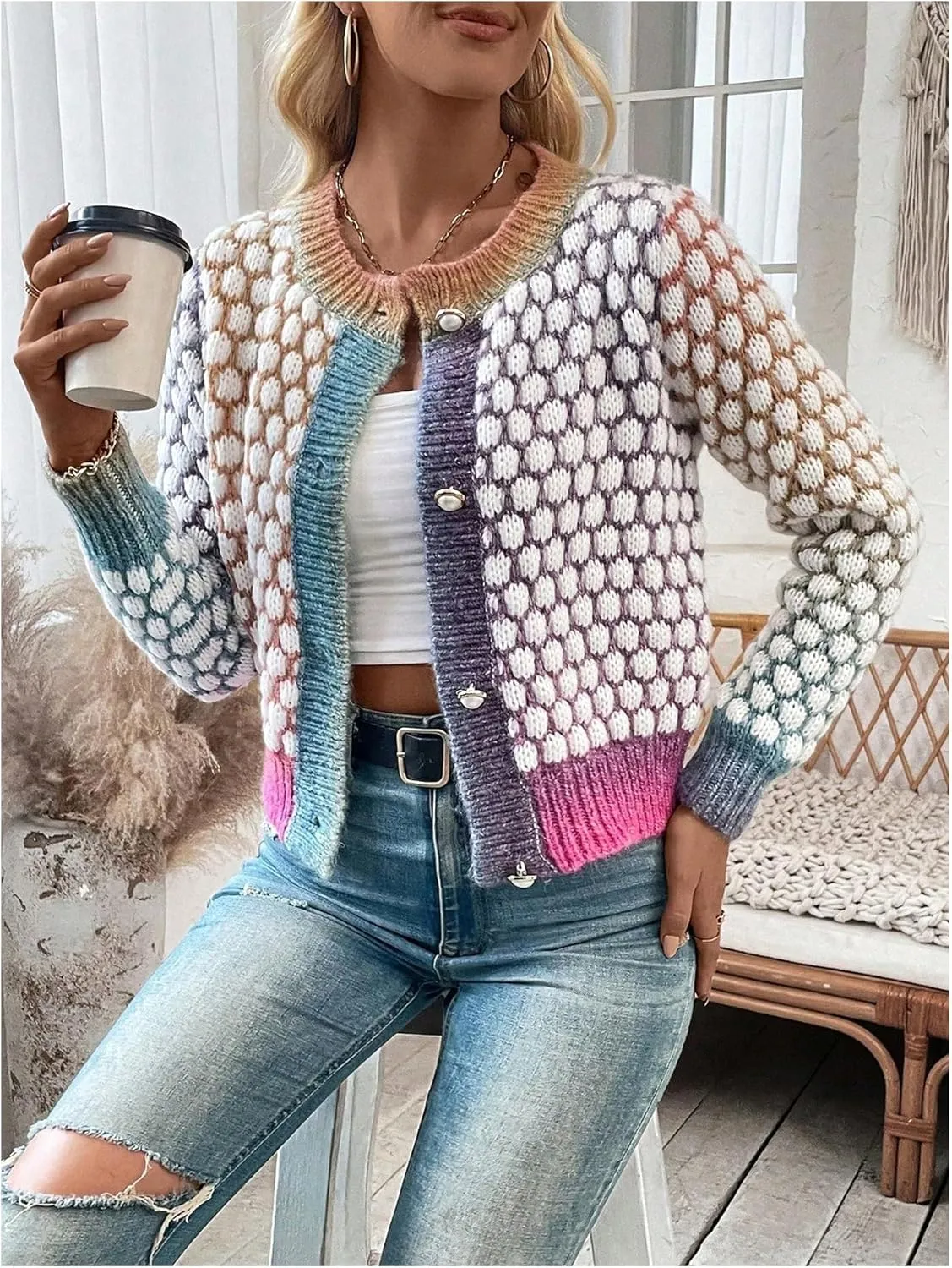 Floerns Women's Ombre Marled Knitwear Long Sleeve Button Front Cardigan