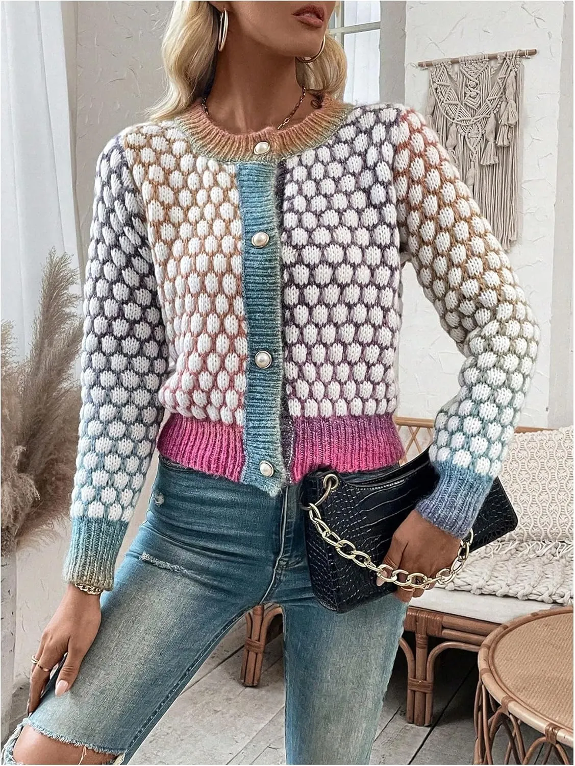 Floerns Women's Ombre Marled Knitwear Long Sleeve Button Front Cardigan