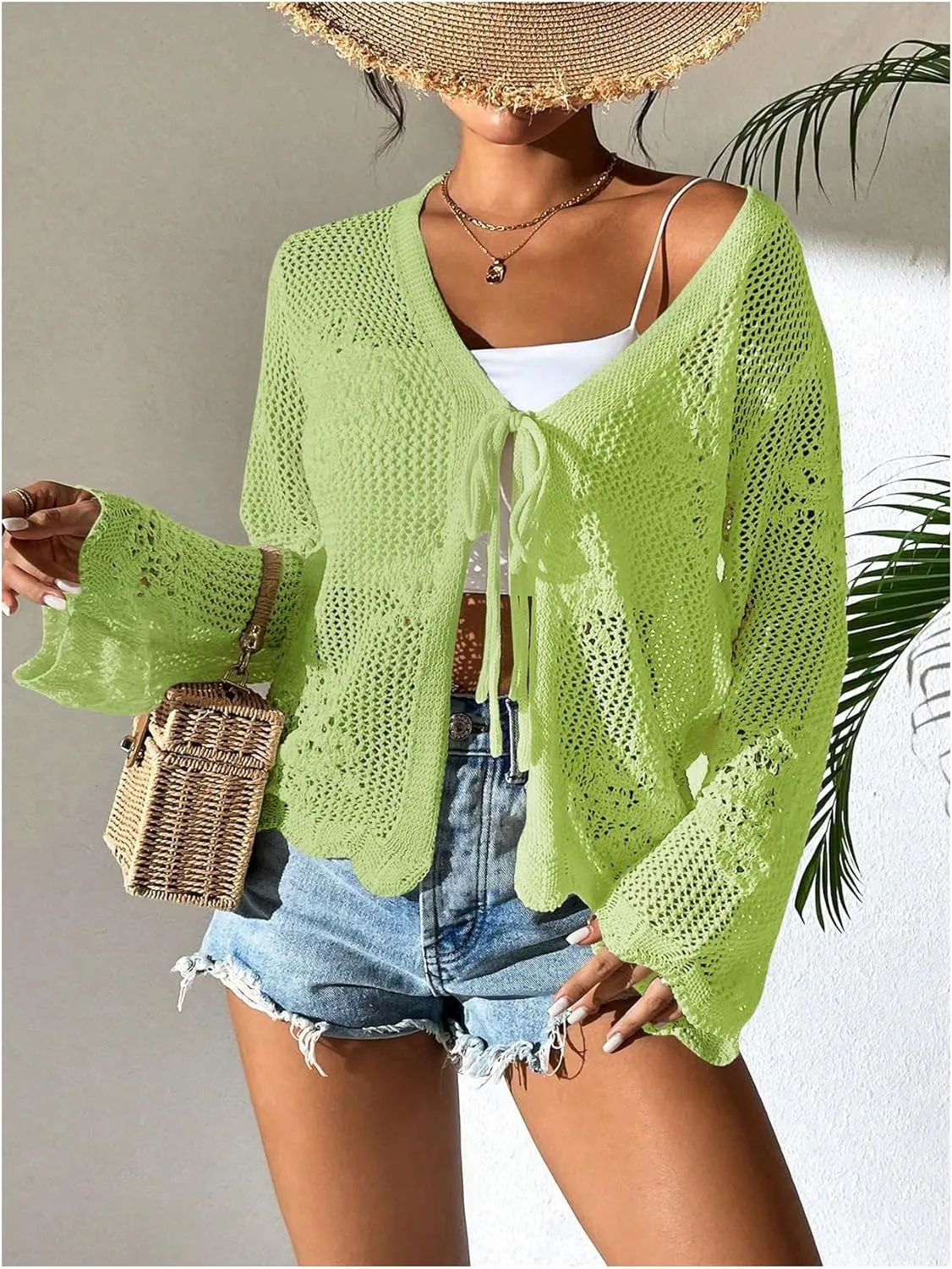 Floerns Women's Tie Front Crochet Lightweight Long Sleeve Cardigan Sweaters Boho Beach Hollow Out Lace Cover Up