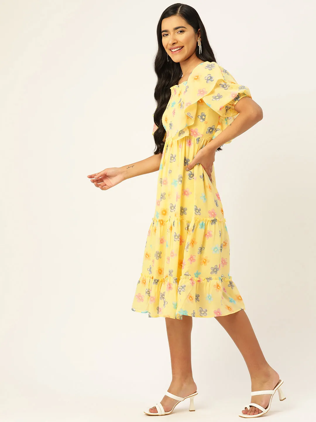 Floral Print Extended Sleeves Georgette Midi Dress
