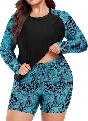 FOREYOND Women's 2 Piece Plus Size Rash Guard Long Sleeve Swimsuits Swim Shirt and Short Bathing Suit UPF 50 