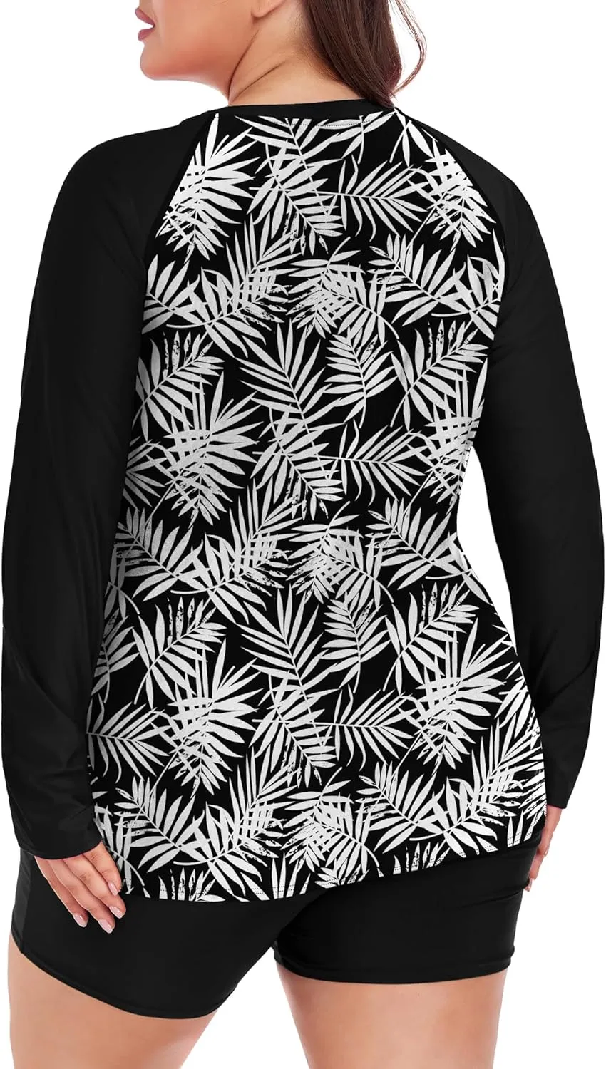 FOREYOND Women's 2 Piece Plus Size Rash Guard Long Sleeve Swimsuits Swim Shirt and Short Bathing Suit UPF 50 