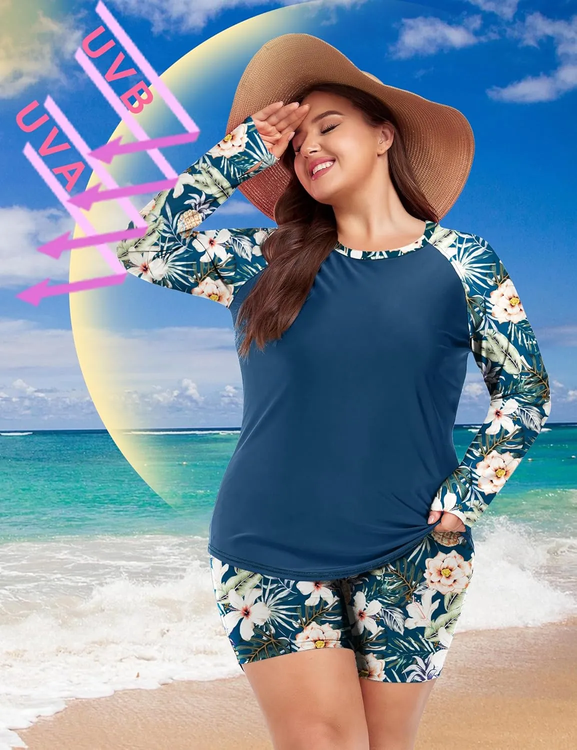 FOREYOND Women's 2 Piece Plus Size Rash Guard Long Sleeve Swimsuits Swim Shirt and Short Bathing Suit UPF 50 